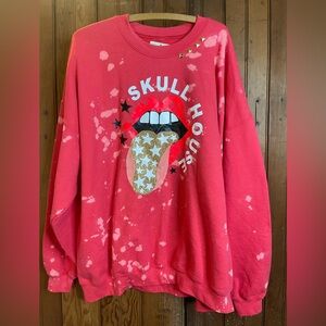 Skull House, Red, Bleached, Blinged Oversized Sweatshirt